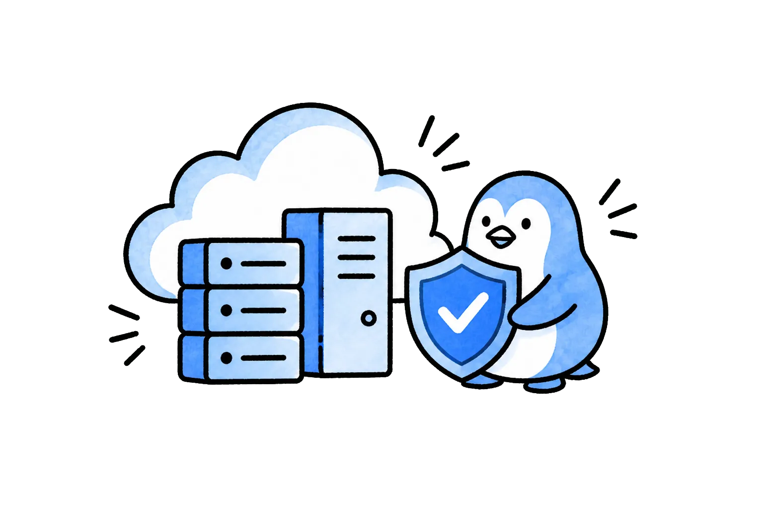 クラウド基盤とサーバーを盾で守るイラスト