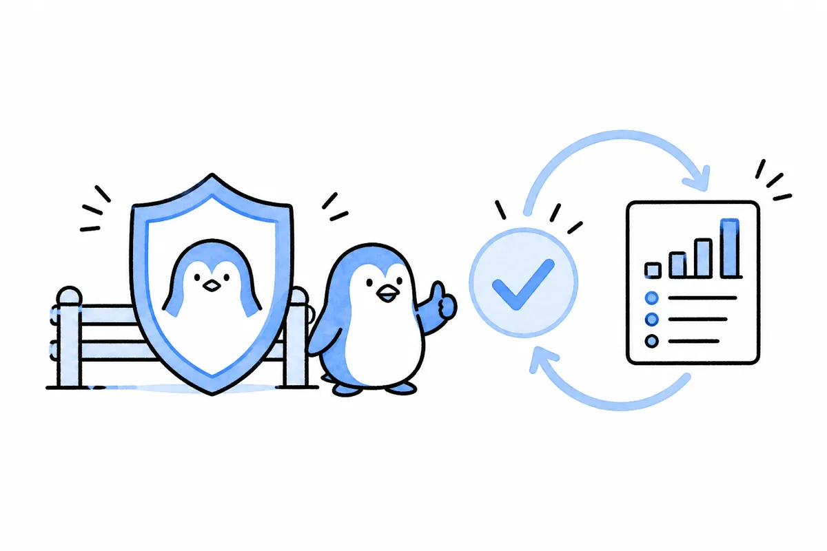 安全設計と承認、継続改善を表すキャラクターAIのイラスト