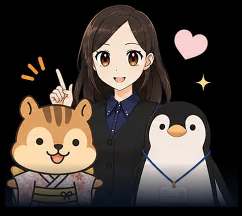 マスコットと案内キャラクターが一緒に公式情報へ導く場面