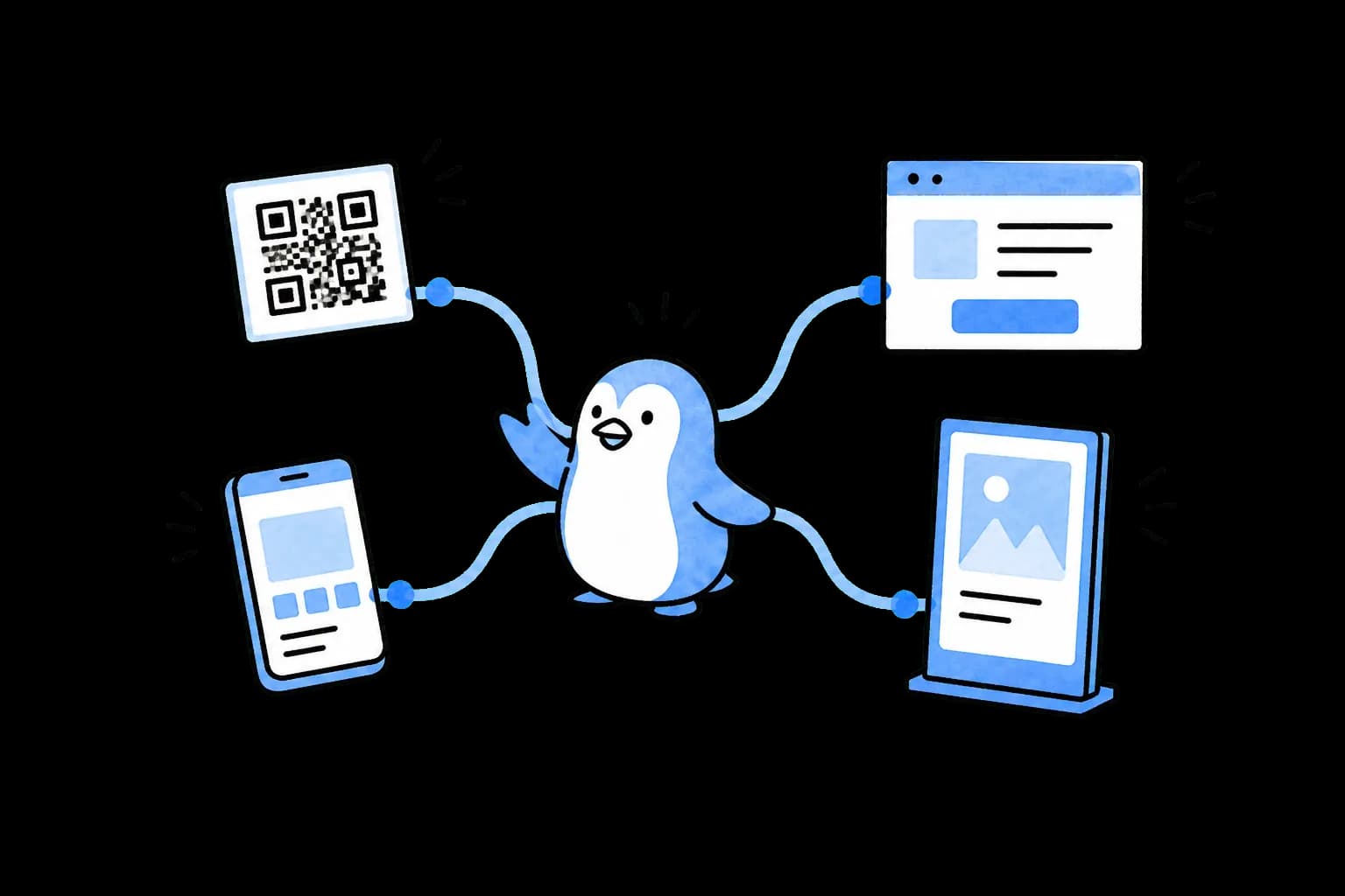 QRコード、スマートフォン、Web、サイネージをつなぐ責任分界のイラスト