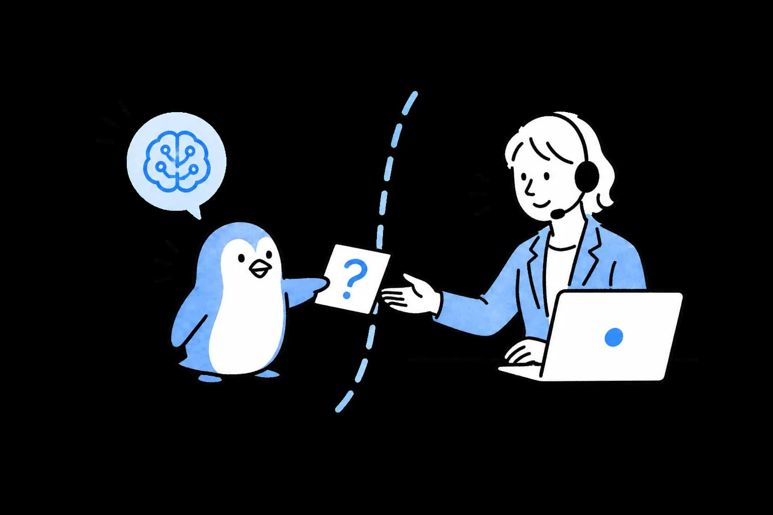 AIから有人サポートへ重要な質問を引き継ぐイラスト